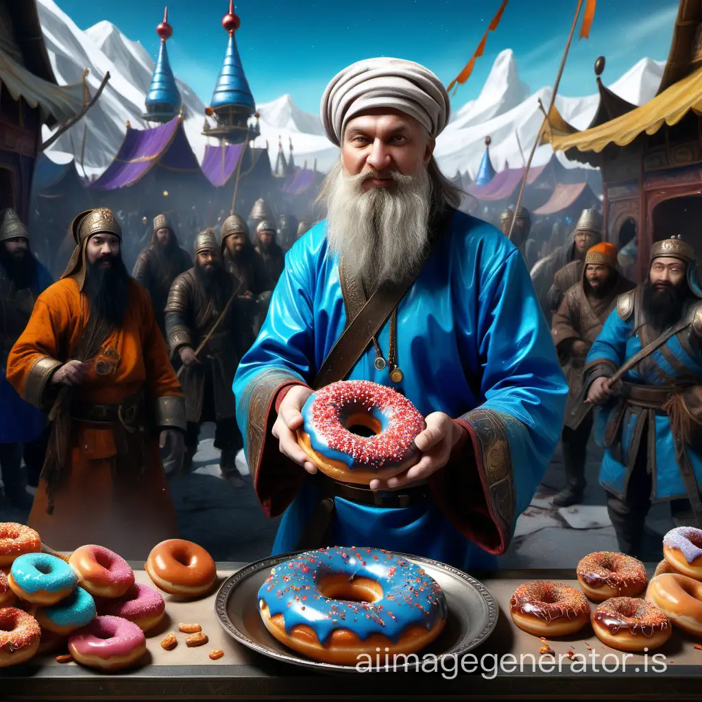 Ivan Kalita brings gifts to the Khan of the Golden Horde, on the left in the background lies a donut with blue glaze, on the right in the foreground a compass, in the style of Imaginarium game, a crazy picture, juicy colors, high detail, drawing of high clarity, high resolution, HD, 16k, well-drawn