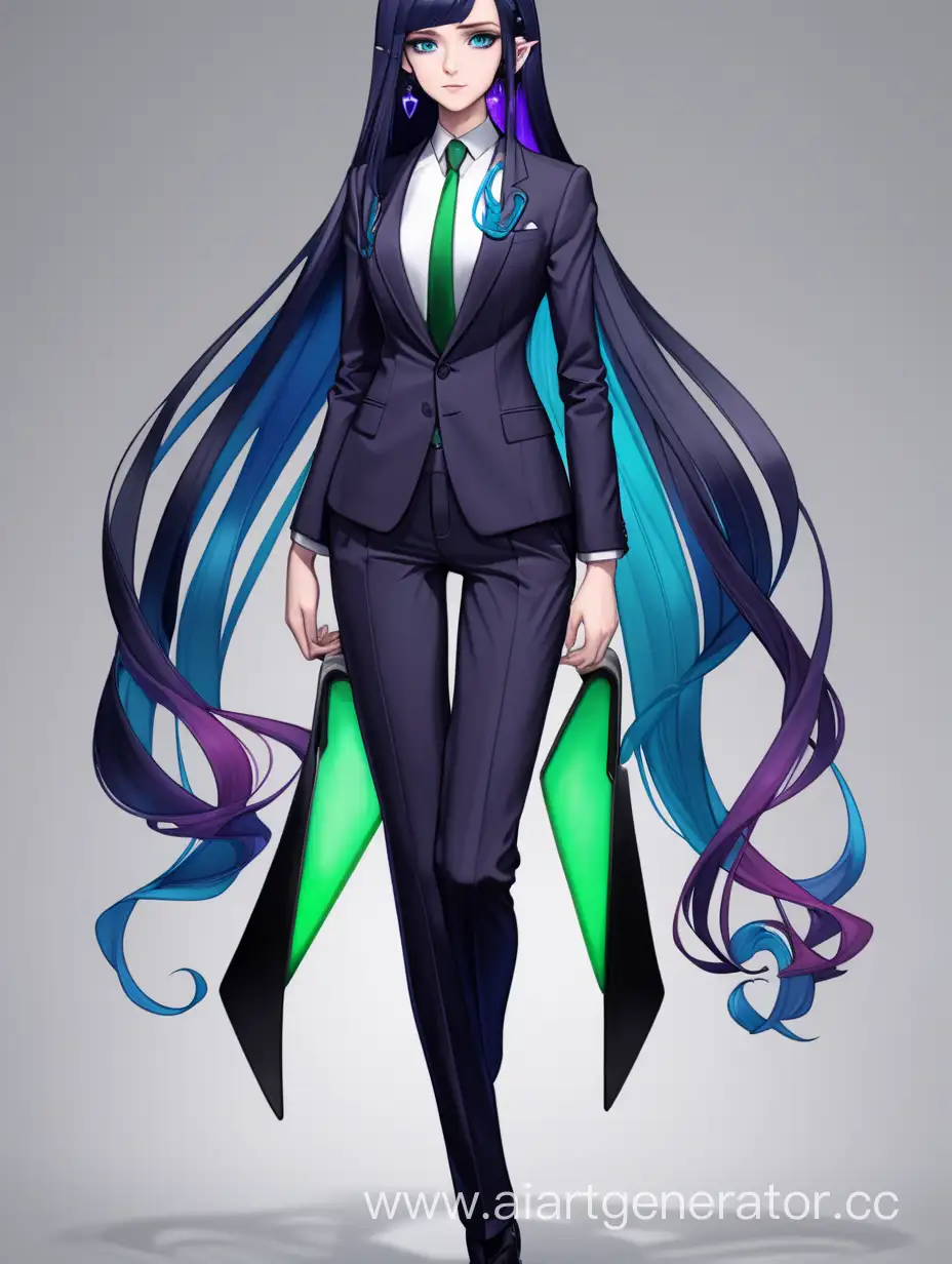 full body shot character concept, girl, long dark blue hair, blue eyes, purple-black magic formal suit, black tie, green earring in the left ear

