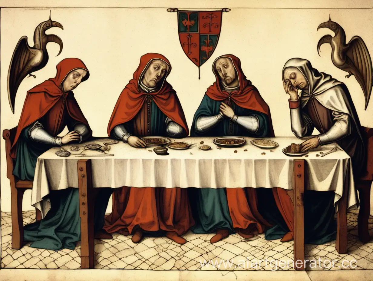 Medieval-Family-Dinner-Four-Individuals-Seated-at-a-Long-Table-with-Somber-Expressions