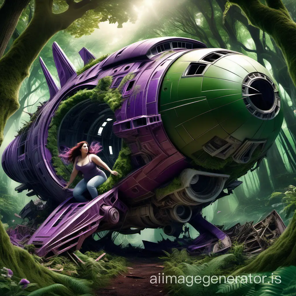 Create a highly detailed and lifelike scene featuring a curvaceous and stunning woman emerging from the wreckage of a green and purple spaceship within an enchanting forest filled with mythical creatures. Capture the intricate details of the surroundings, emphasizing realism and beauty in both the character and the fantastical setting.