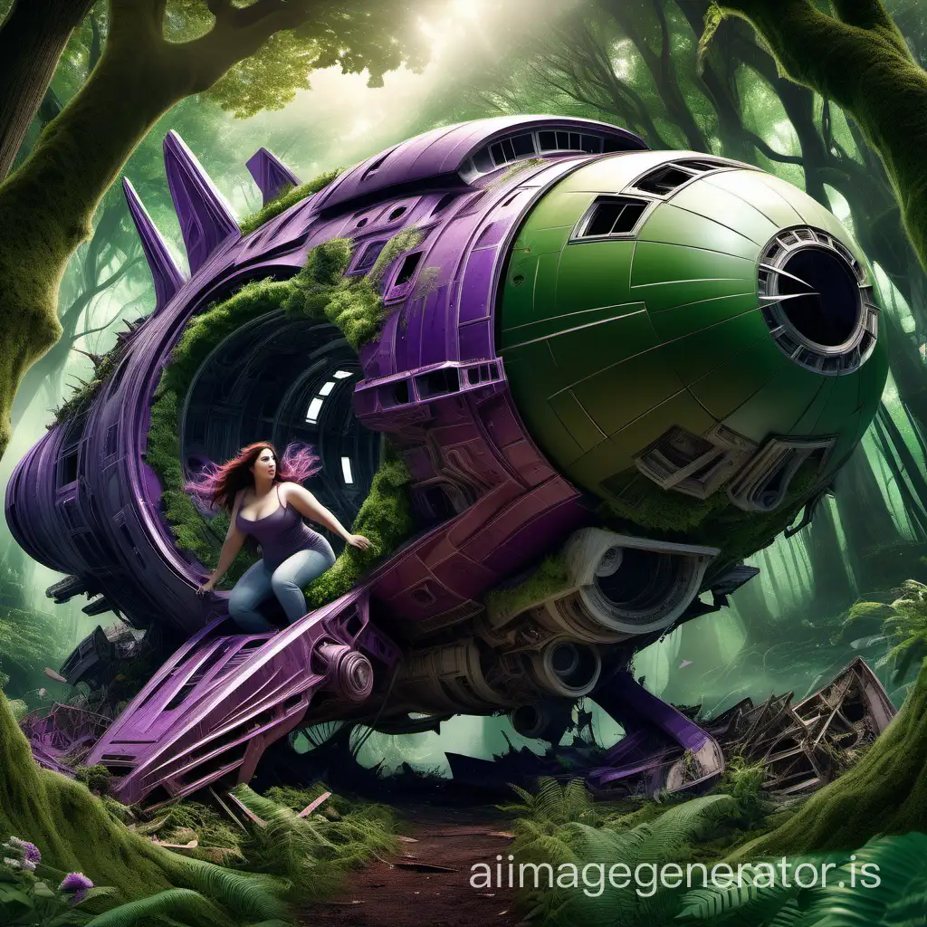 "Create a highly detailed and lifelike scene featuring a curvaceous and stunning woman emerging from the wreckage of a green and purple spaceship within a enchanting forest filled with mythical creatures. Capture the intricate details of the surroundings, emphasizing realism and beauty in both the character and the fantastical setting."