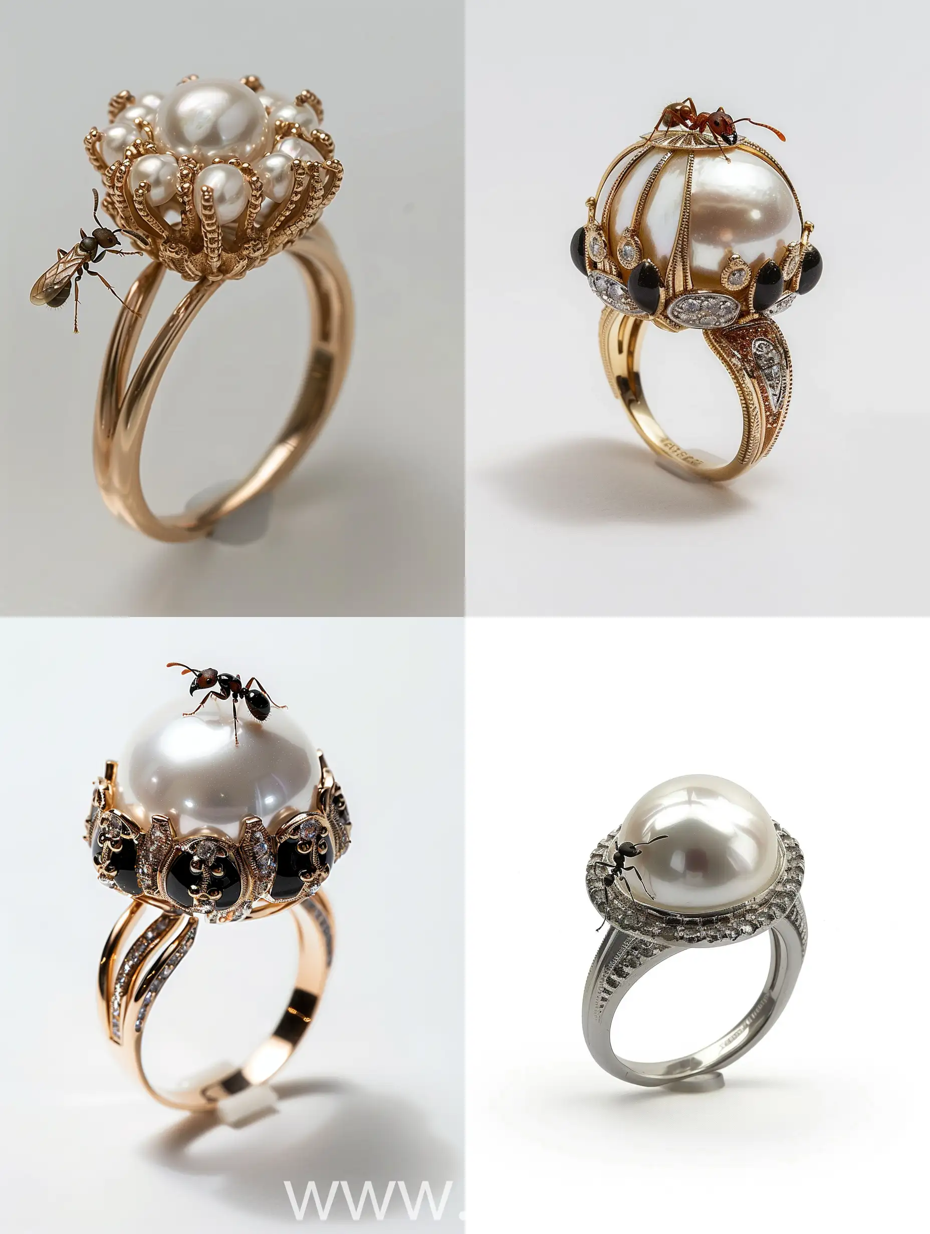 кольцо, ювелирное украшение, муравей на жемчужине, золото, платина, эмаль драгоценные камни фото реализм, много деталей, ,белый фон