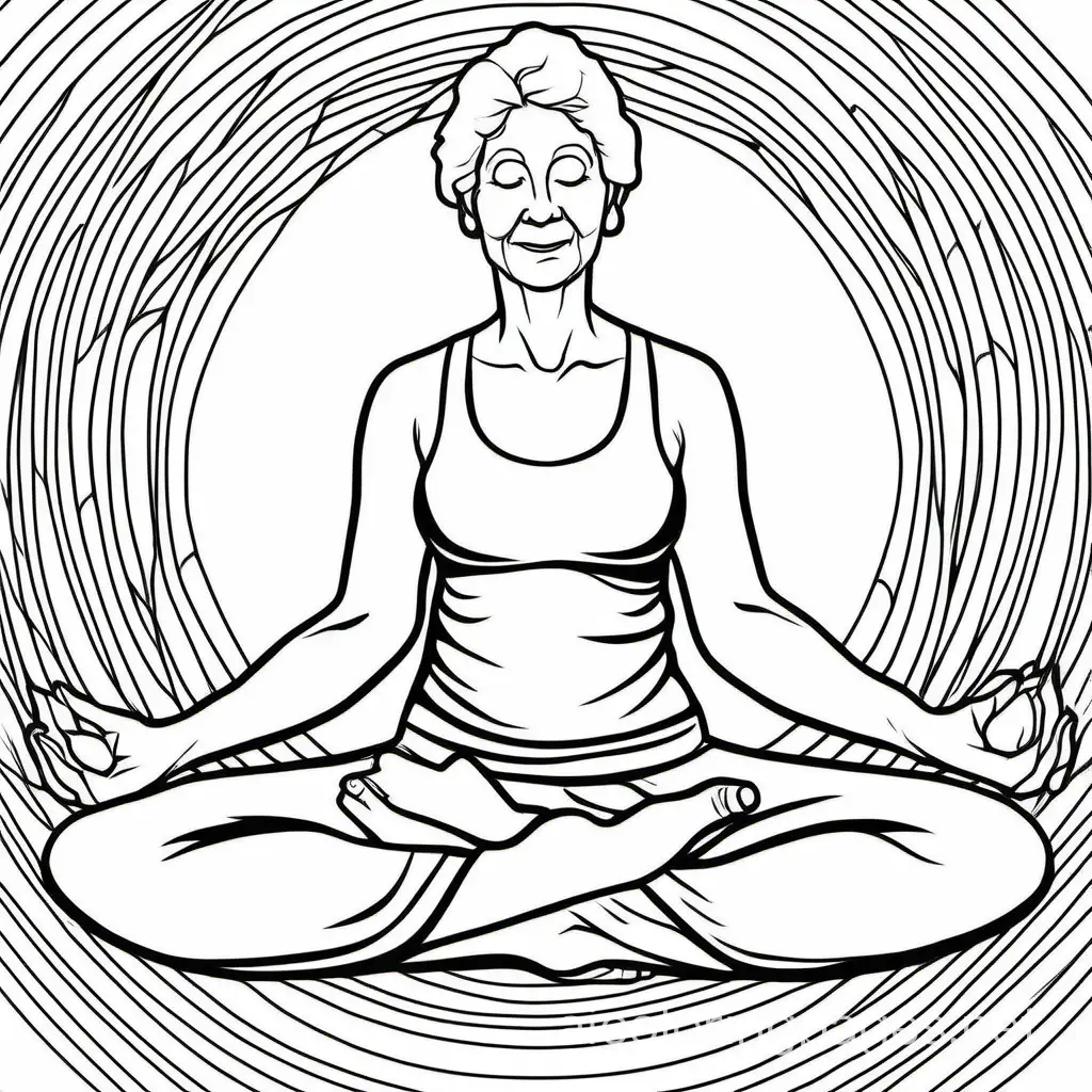 Older woman in yoga pose, Coloring Page, black and white, line art, white background, Simplicity, Ample White Space. The background of the coloring page is plain white to make it easy for young children to color within the lines. The outlines of all the subjects are easy to distinguish, making it simple for kids to color without too much difficulty