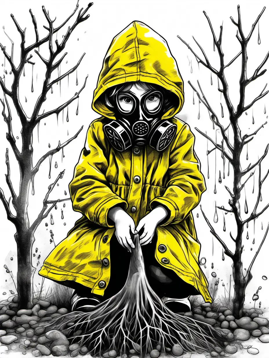 Little girl with black Gas mask wearing yellow rain coat planting tree sketch