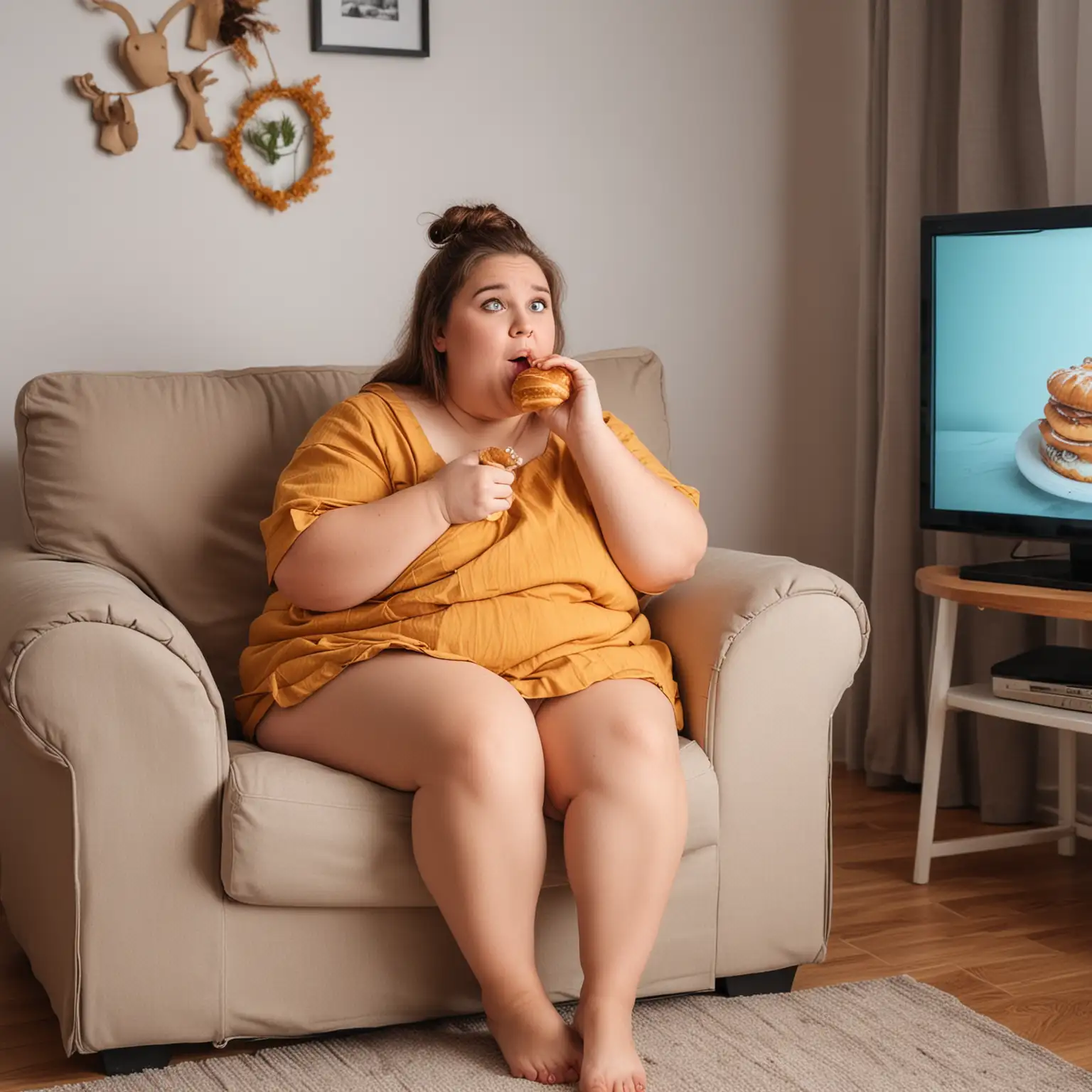 Chubby Girl Enjoying Croissant and Surprise TV Show