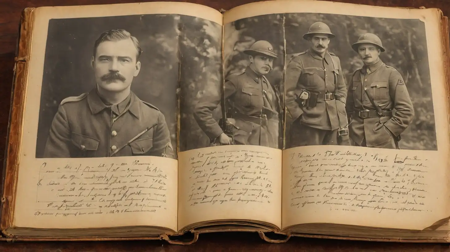 Year 1917. Old leather-bound photo album, with photographs of Ernest Hemingway during the First World War. A magnifier placed on a page enlarges the words "Big game". Styled like an old hand-colored silent film.