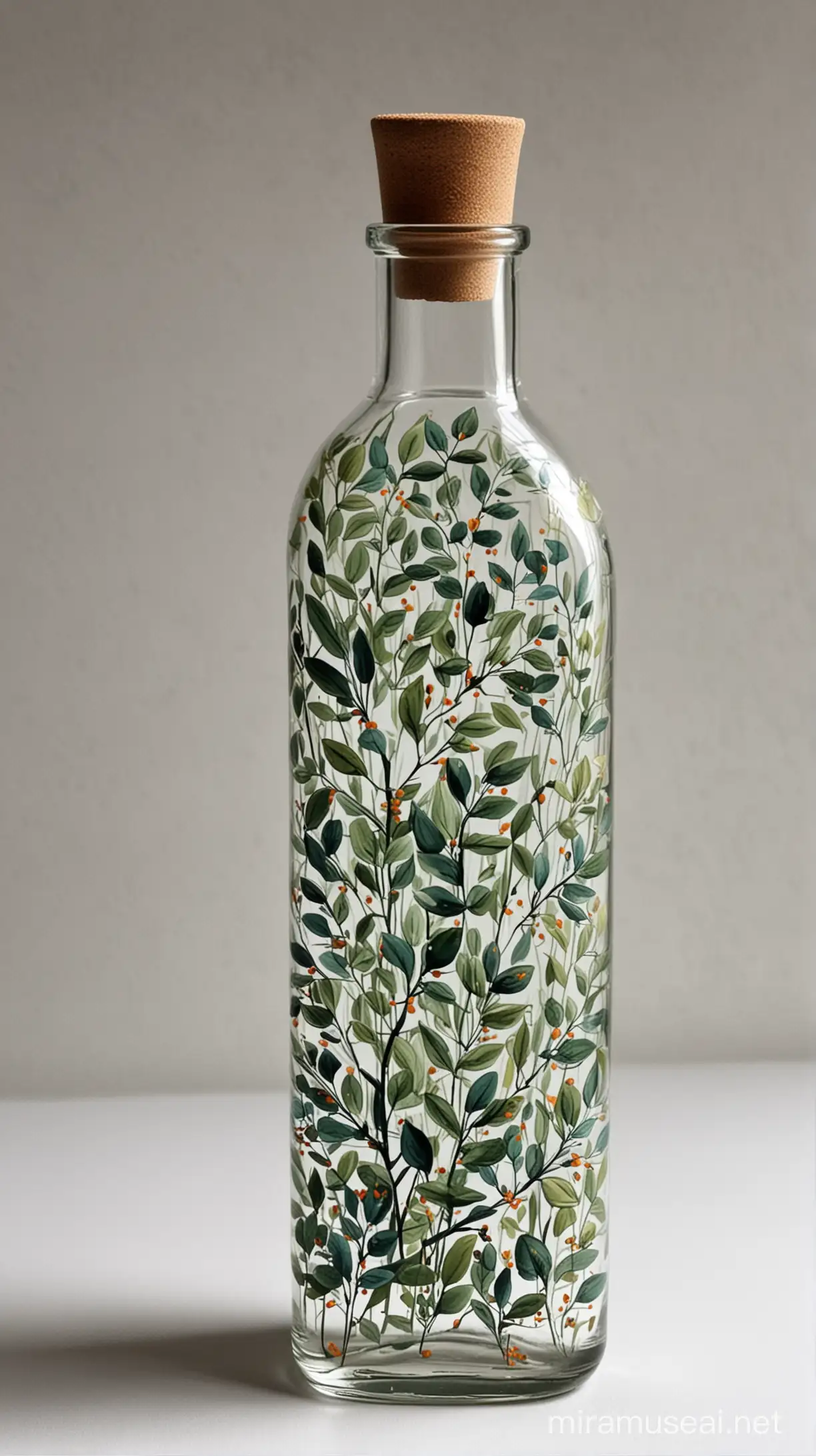 An aesthetically hand painted bottle art with small leaves 