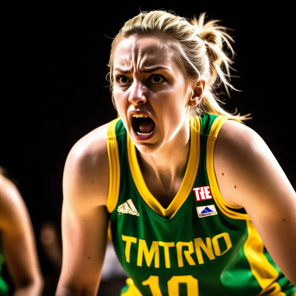 Create an image of a female professional basketball player, who is known for her skillful handling of the ball and accurate shooting. She is currently expressing intense emotion and appears to be frustrated or angry. She has wavy blonde hair tied back, is wearing a green and yellow jersey with the number 10 on it, and is preparing to make a free throw. Her face shows determination and the crowd around her is blurred out to focus on her emotions.