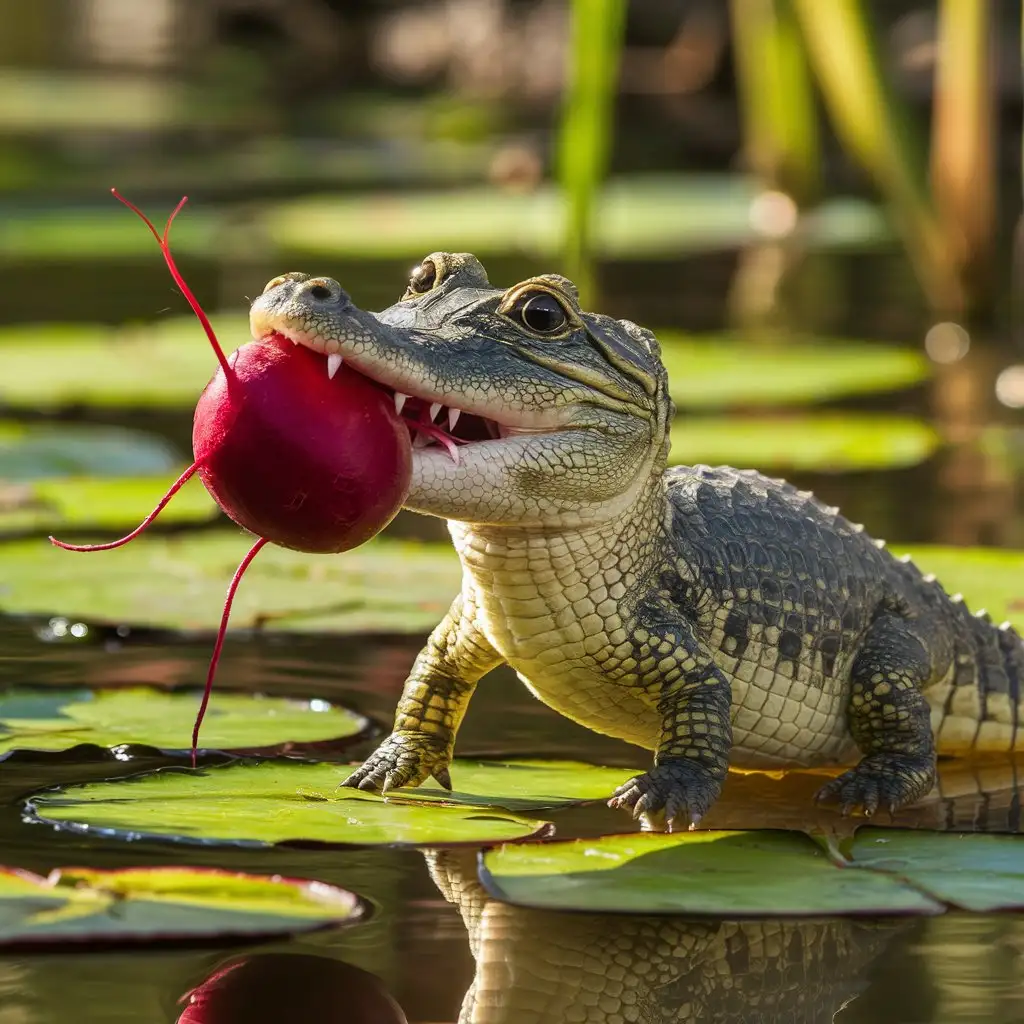 A cute baby crocodile carrying a beetroot in its mouth