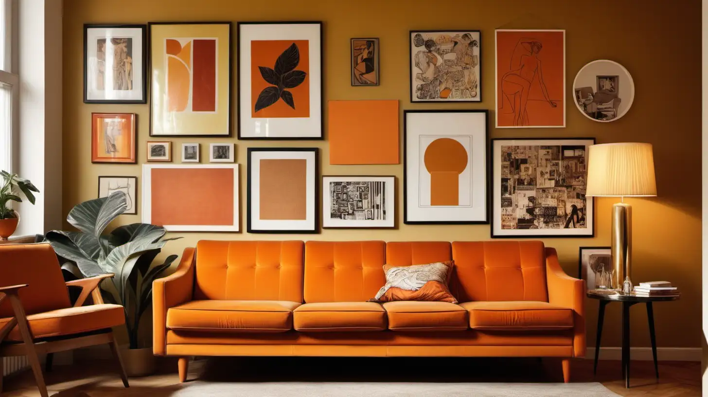 a cluttered room with a warm tone. an golden orange retro couch and plenty of various sized wall art