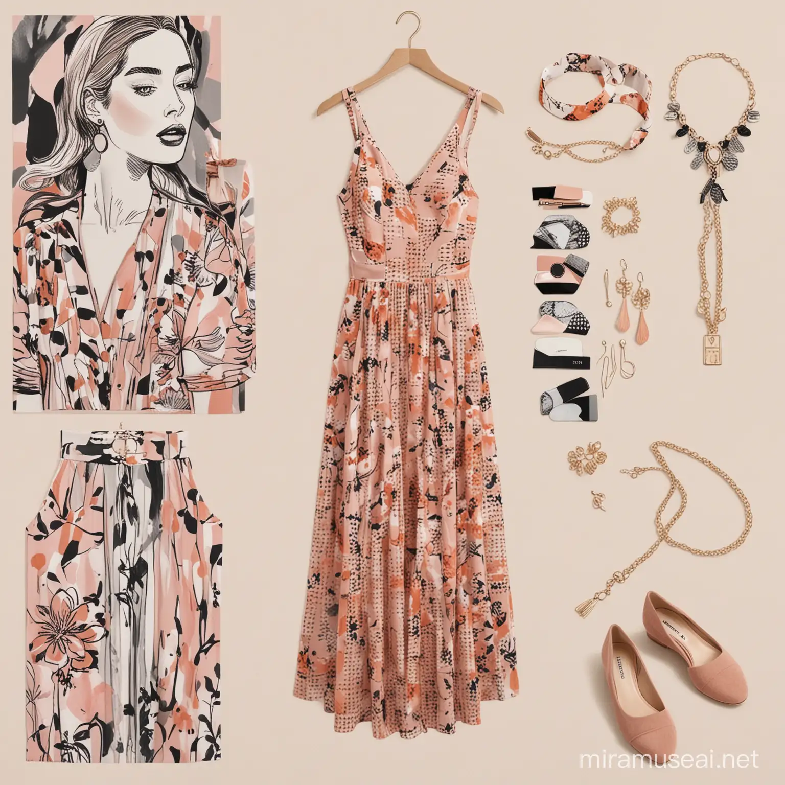 create a styling tips board in fashion illustration with accessories option  for women  with abstract floral print midaxi dress 