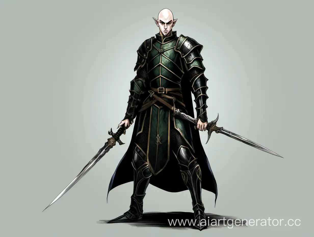 young male elf, pale, shaved head, narrow eyes, angry face, black leather armor, twin gladius swords