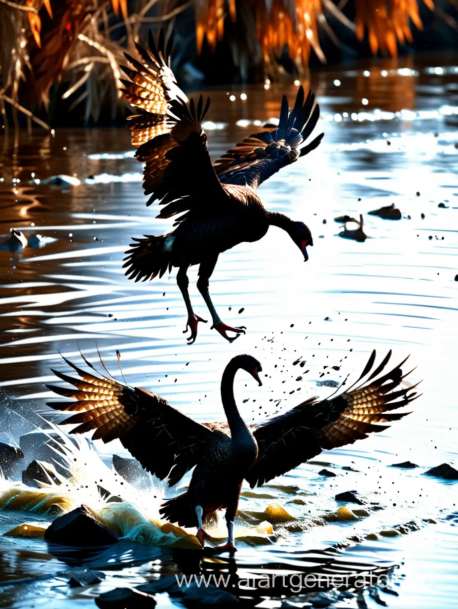 черный лебедь борется с коршуном на реке,мрак,бой,летящие перья
