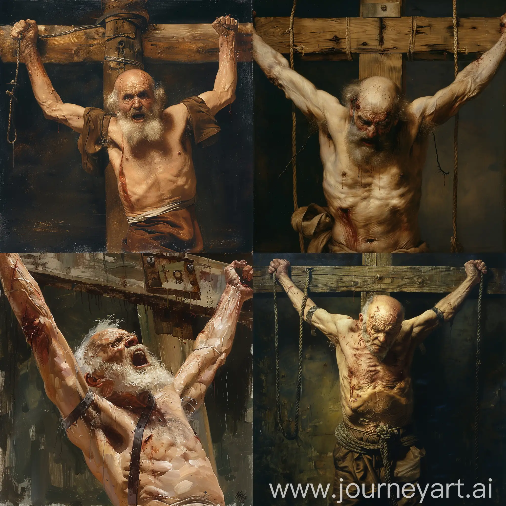 Angry Old man Crucified on the cross of Jesus Christ