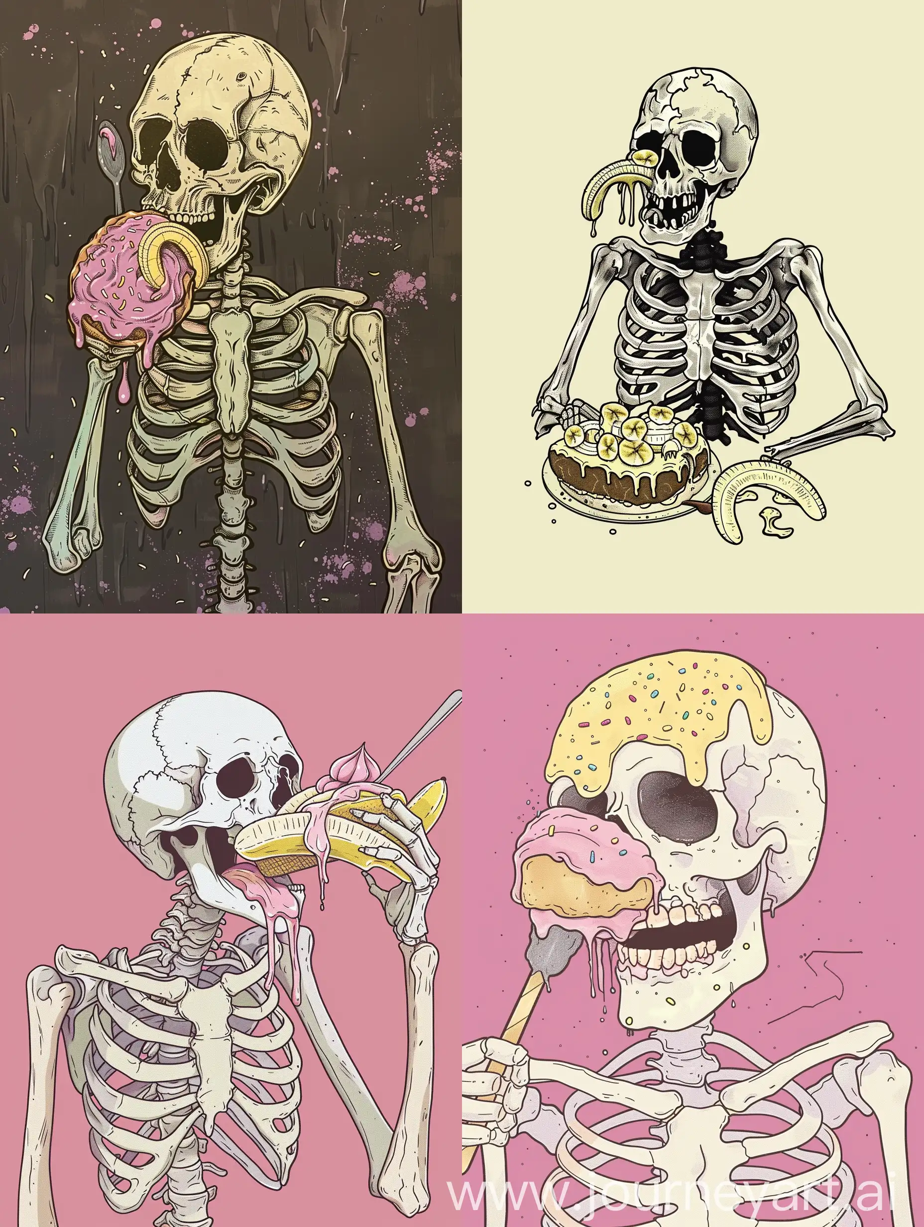 cartoon style art of skeleton eating banana split