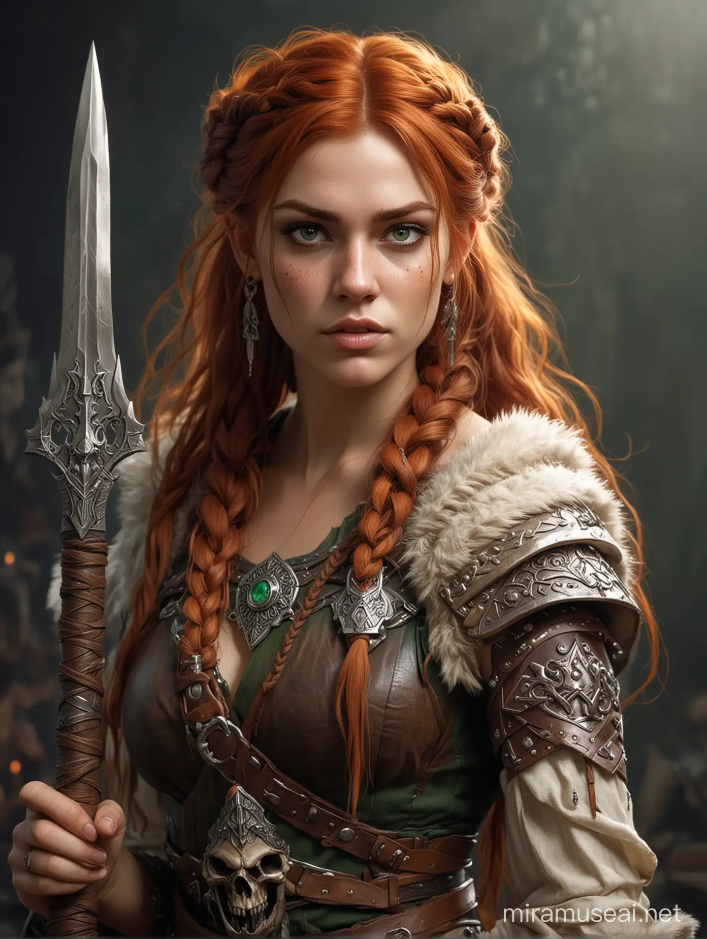 I want you to create the image of a Dungeons and Dragons character, a human woman. She is a barbarian, redhead, with braided hair and green eyes. Dresses in animal skins and bones decoration.
