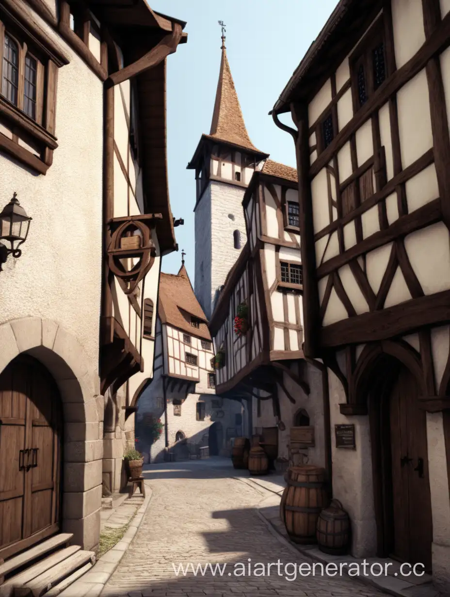 Medieval-Street-Scene-with-Cobbled-Roads-and-Timbered-Houses