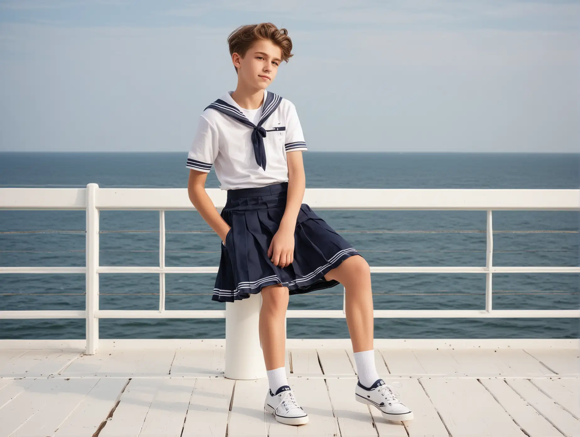 thin 15 year old boy in sailor dress with skirt.  white deck shoes