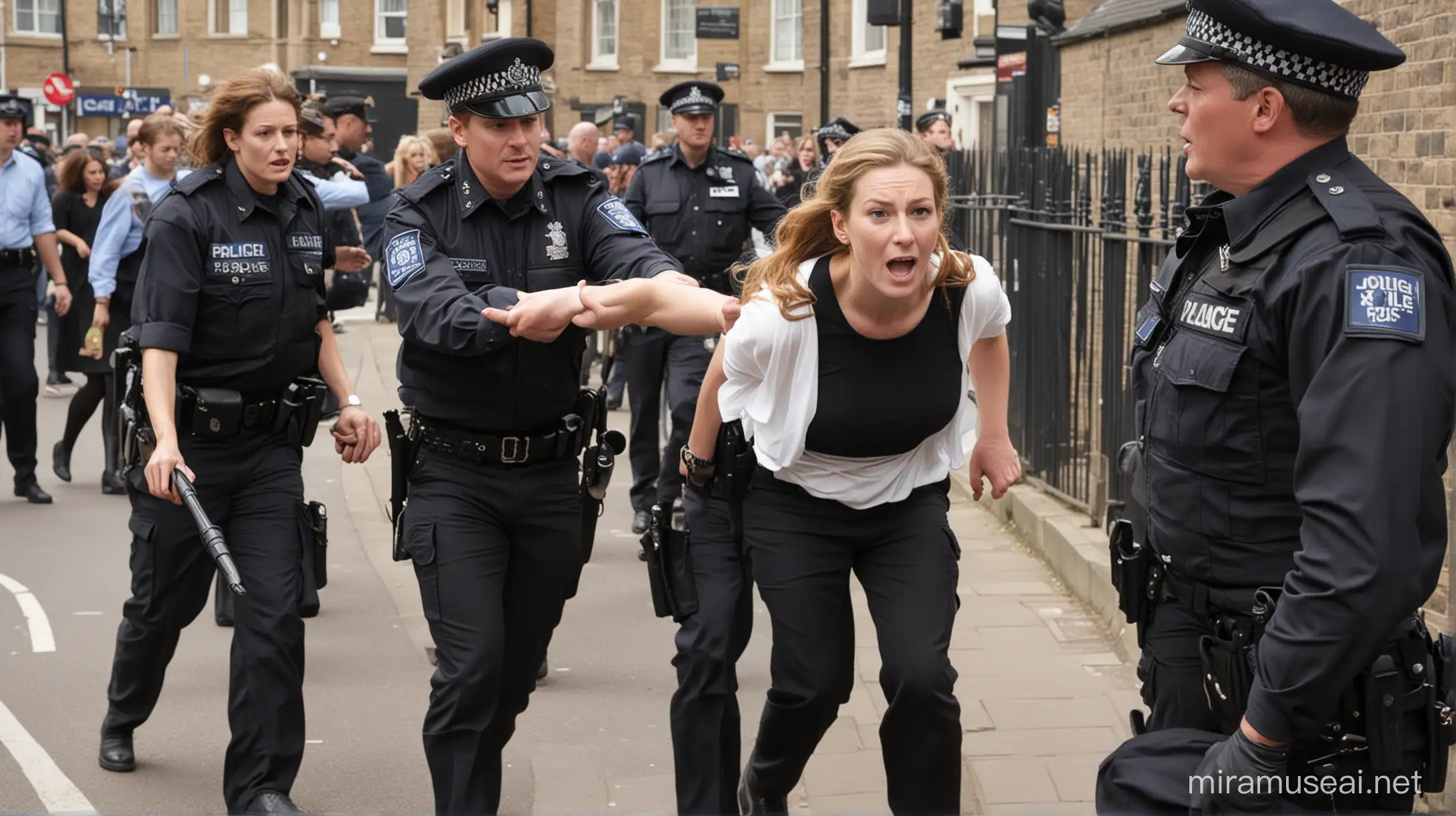 white woman being arrested by british police while another person points at her