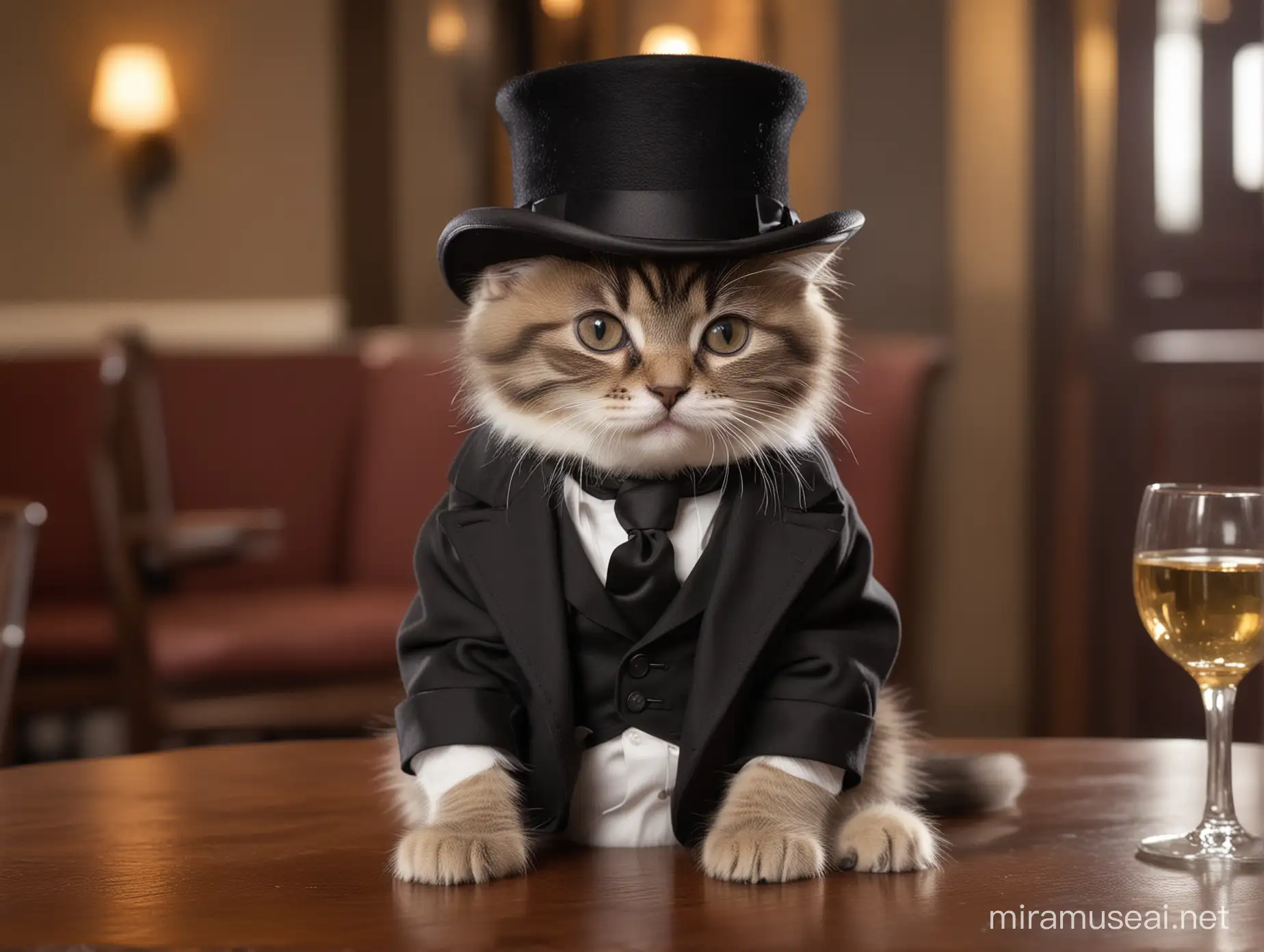 kitten wearing a top hat and suit, sitting in a fancy steakhouse