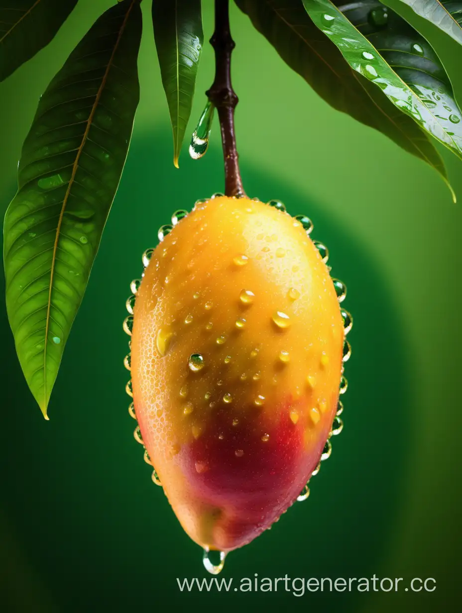 Vibrant-African-Mango-with-Green-Background-and-Glistening-Water-Drops