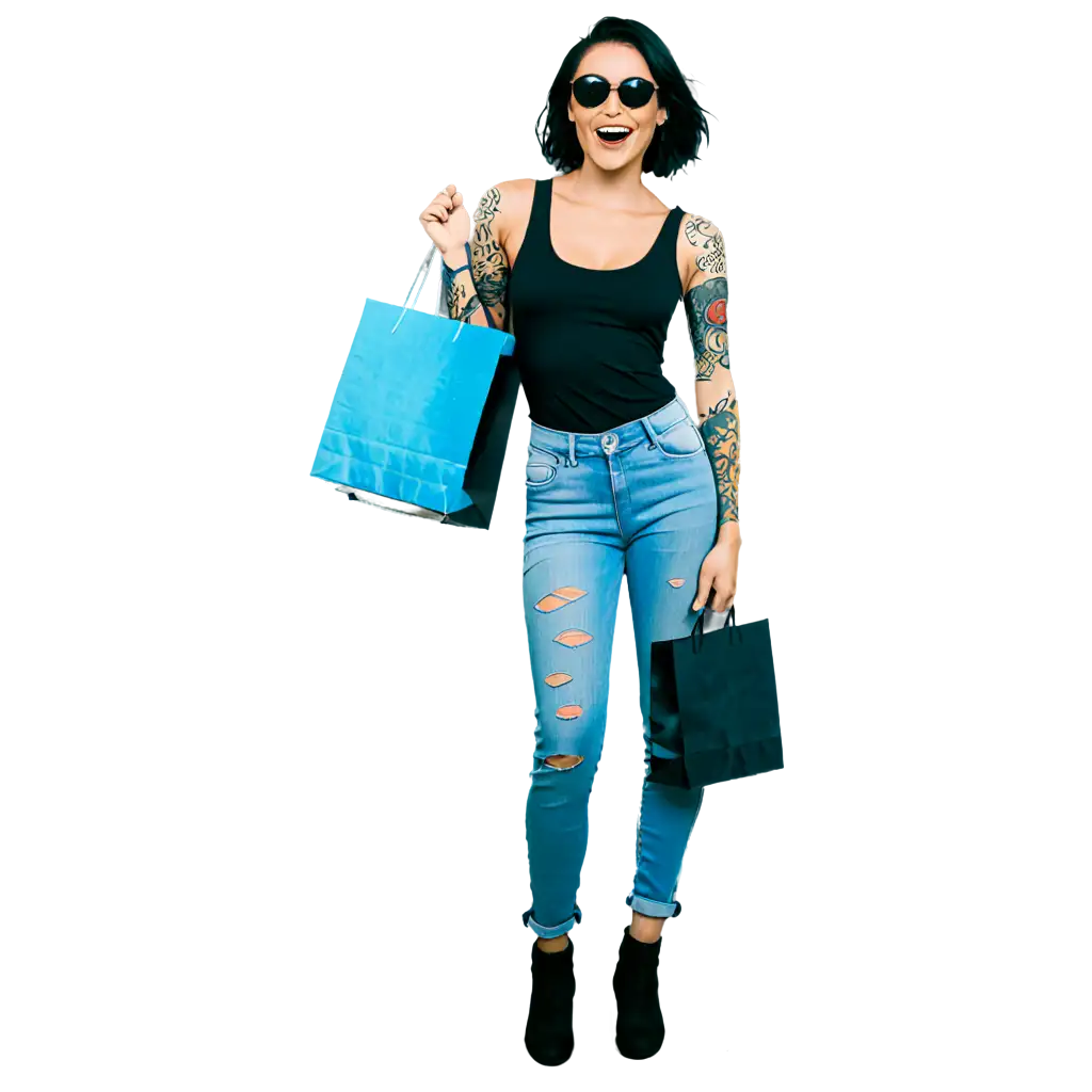 A young lady in a retro-style attire, sporting a smile, adorned with tattoos, showcasing her jeans with a tongue protruding out, adorning a black singlet shirt with a design, adorning sunglasses, and carrying a shopping bag.
