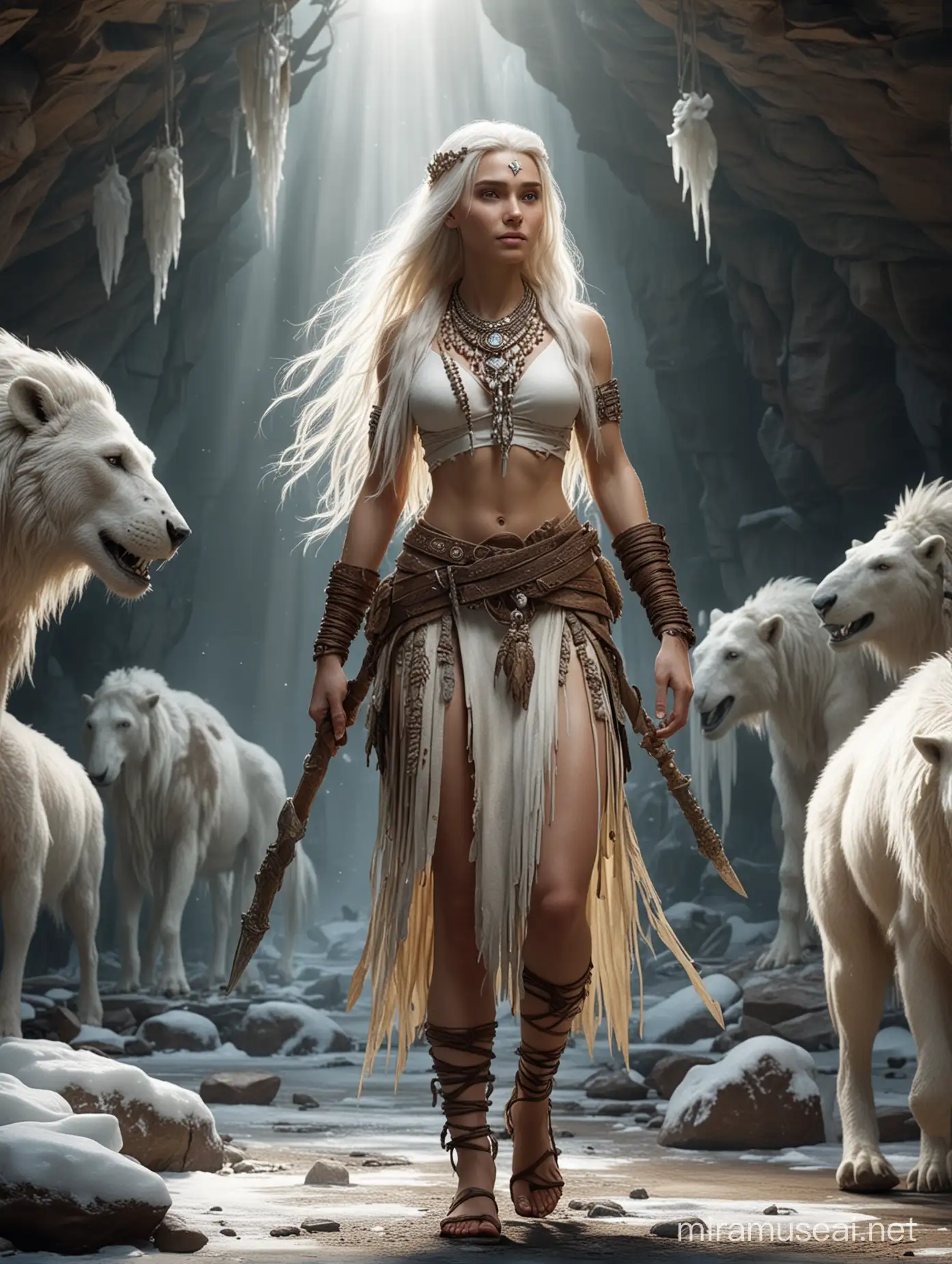A gorgeous female cave warrior with long white hair and lots of bone jewelry walks with  Ice Age animal, full-length view, god rays, realistic 
