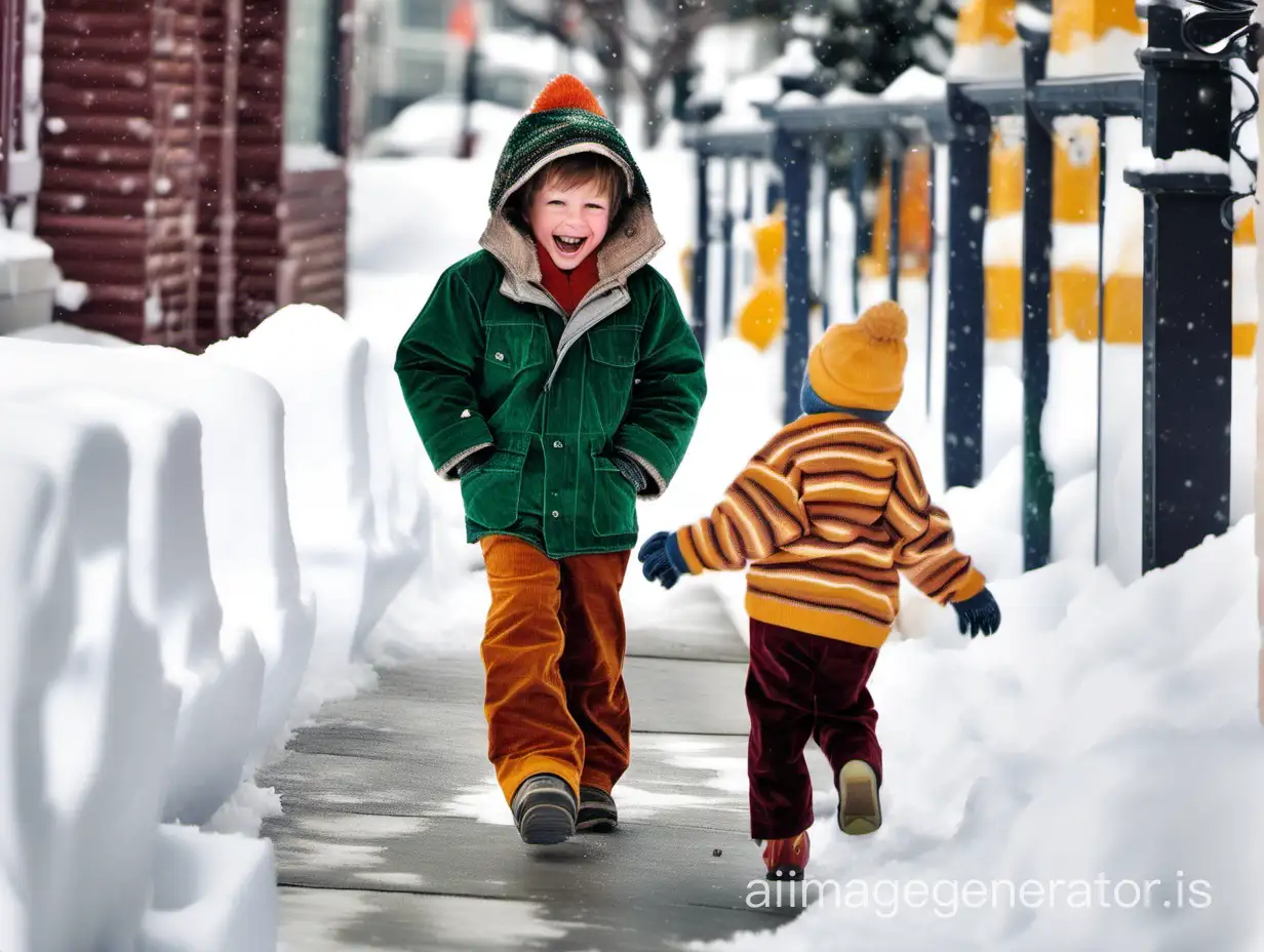 Happy boy walking down the sidewalk after a snowfall, wearing the corduroy pants he got for Christmas