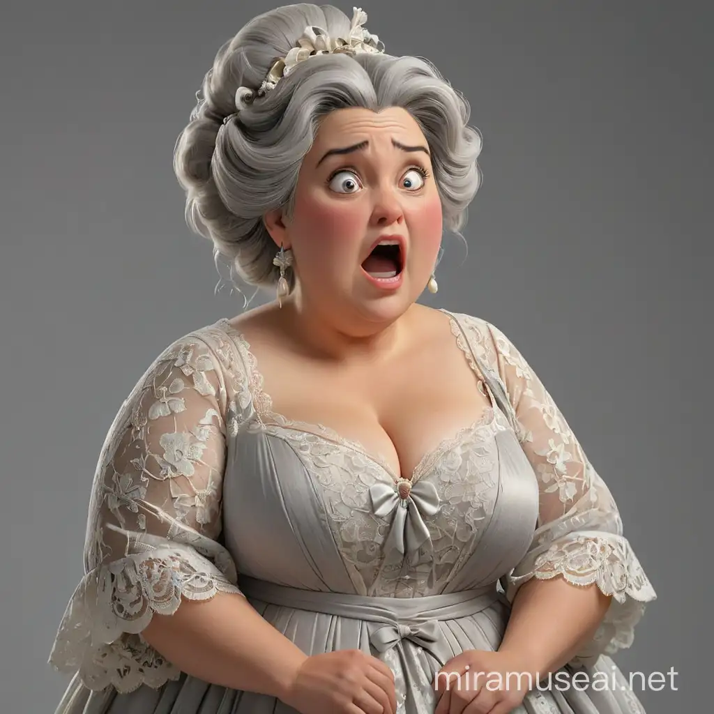 A plump woman in a beautiful lace peignoir from the 18th century dropped her hands in disappointment and opened her mouth. Her face expresses disappointment and surprise. She has gray hair pulled back into an updo. WE see her in full growth, with arms and legs. In the style of 3D animation, realism.