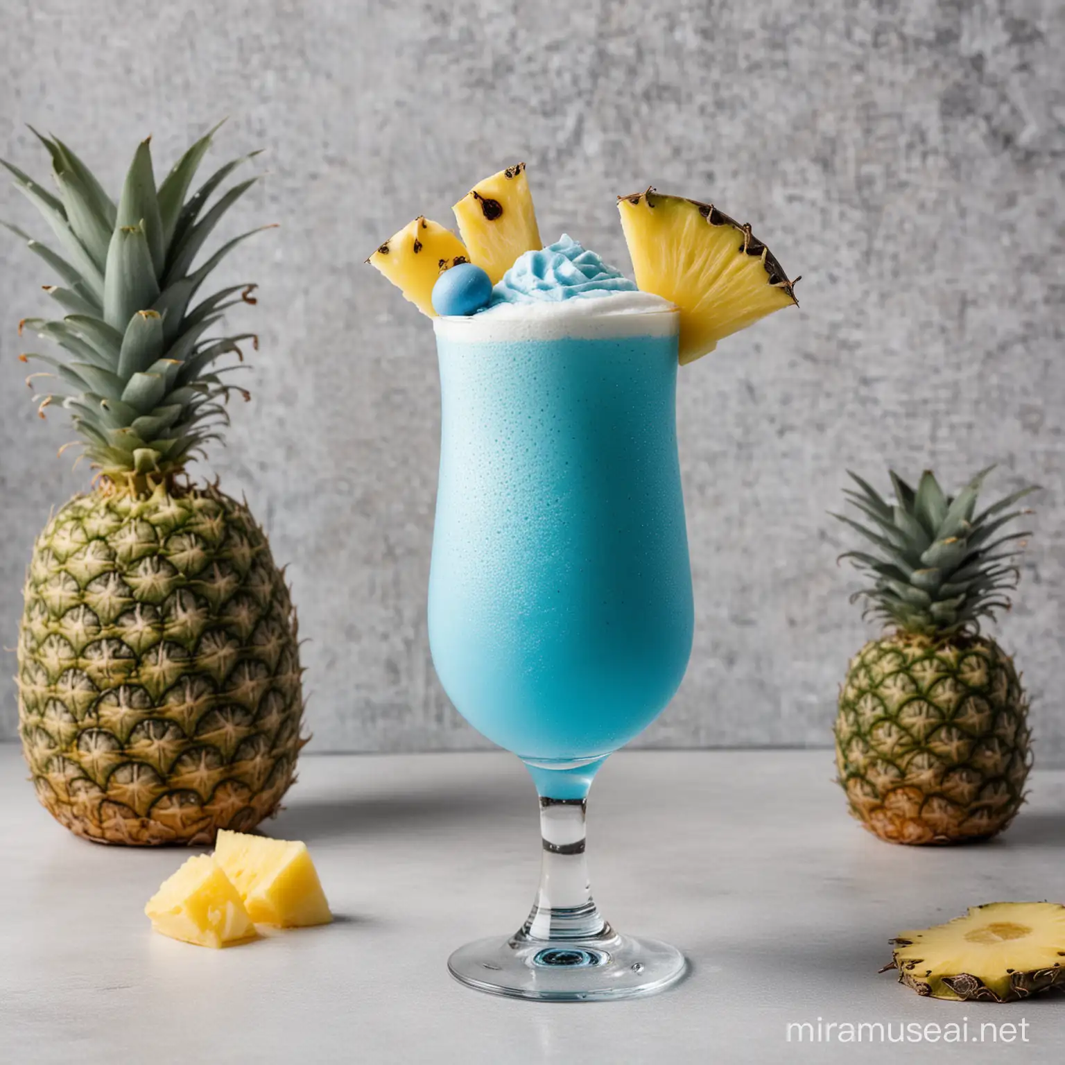 schlumpfblauer milchiger cocktail, weisser schaum auf dem cocktail, dekoriert mit Ananas, hintergrund beche