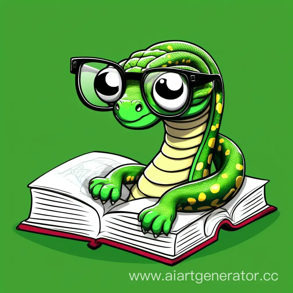 Intelligent-Green-Python-with-Glasses-Reading-a-Book