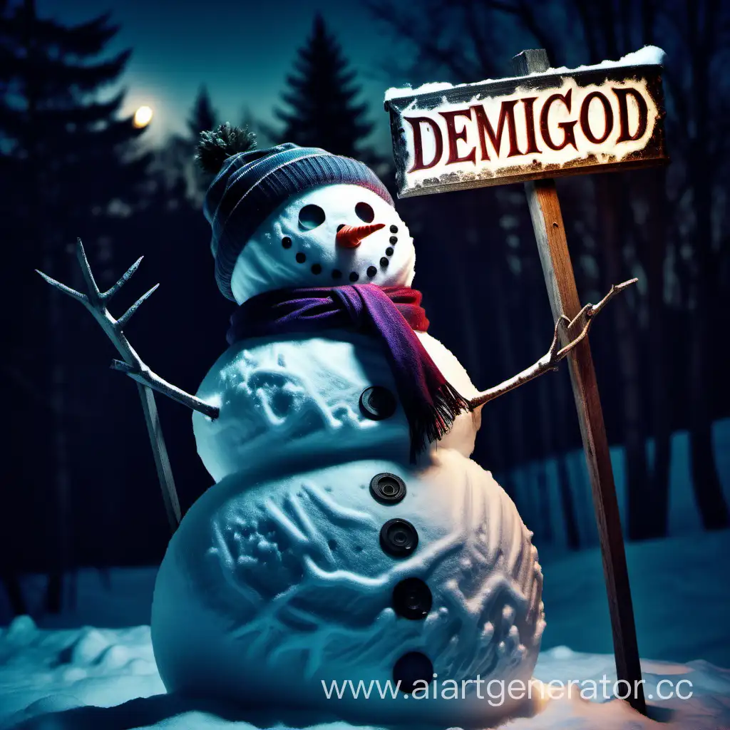 Злой снеговик, светящаеся улыбка, светящиеся глаза, сумрак, лучшее качество, табличка с надписью "Полубог"