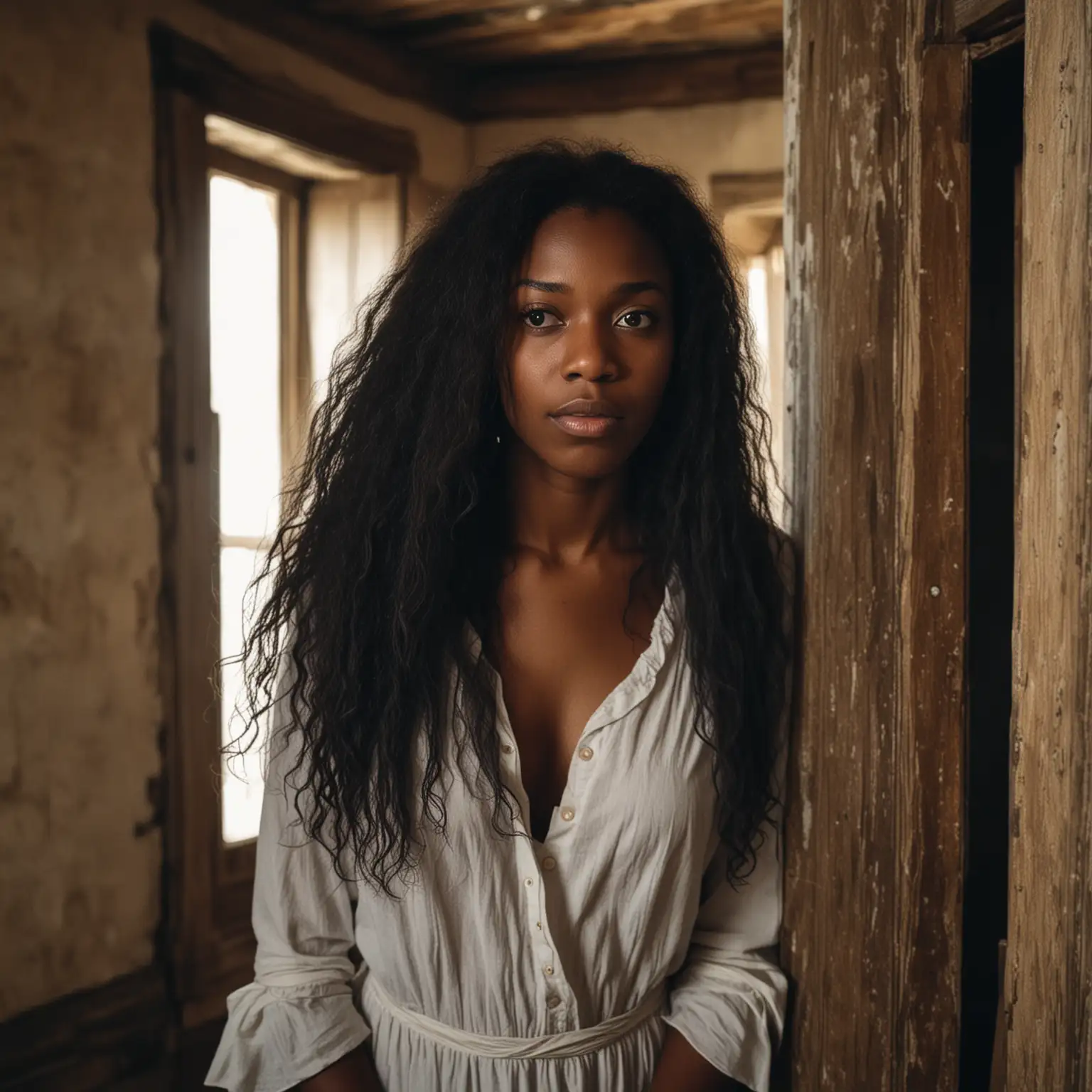 afraid black woman long hair in old house