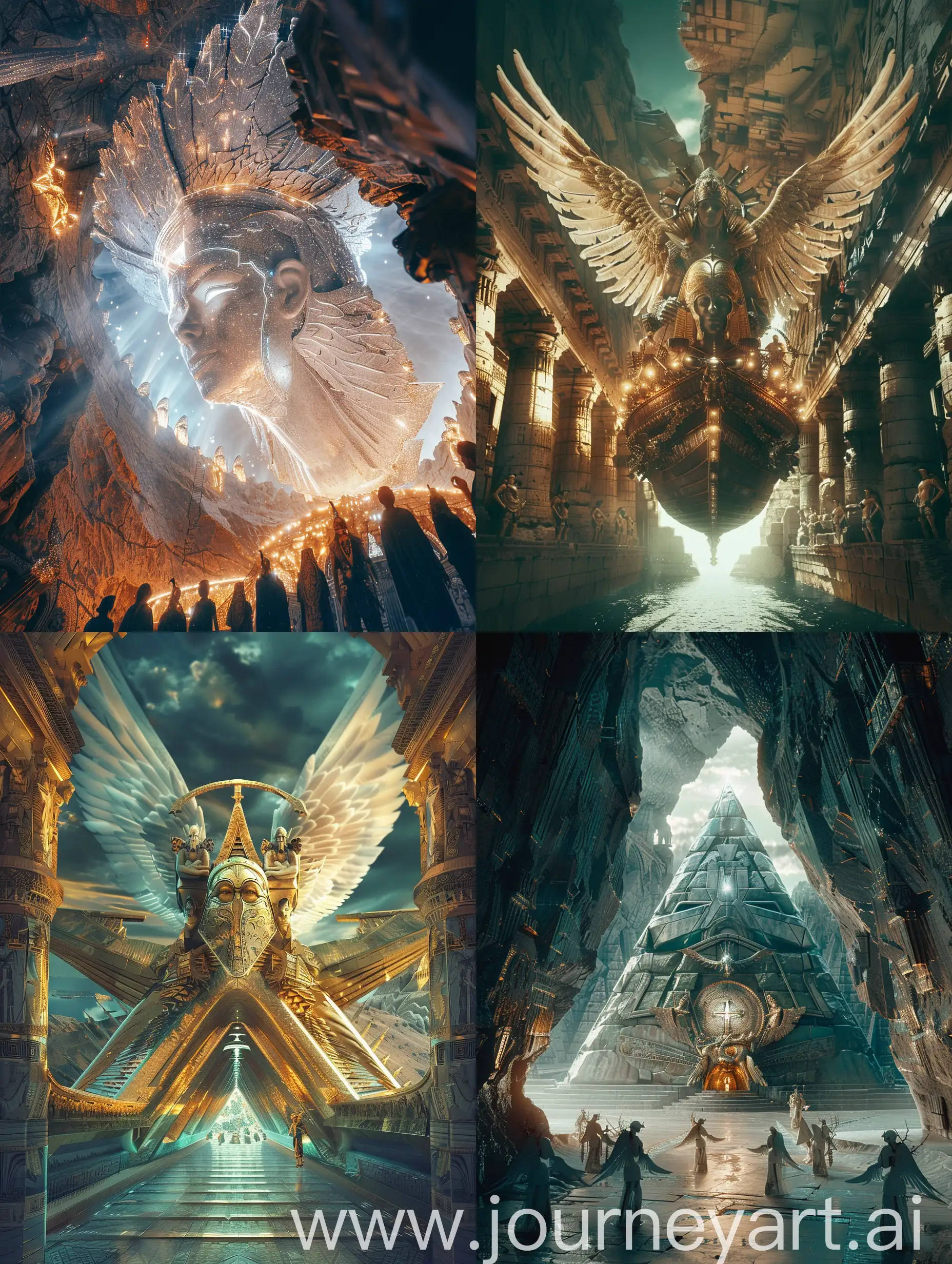 a formidable team of argonauts travelling inside an interior view of epic heroic Argo flying celestial greek warship, with angelic protection figure head , made from intricate glowing cathedral details , emerging from a giant pyramid time portal dramatic cinematic photography