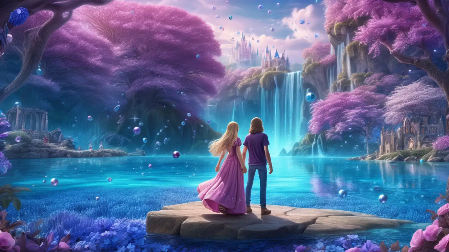 Dusty-brown hair teenage boy with t-shirt and jeans. With sad long-hair blonde girl wearing medieval beautiful pink dress crying in his shoulder. They are surrounded by magical blue and purple floral forest and a magical blue lake with floating giant-ocean pearls, 8K