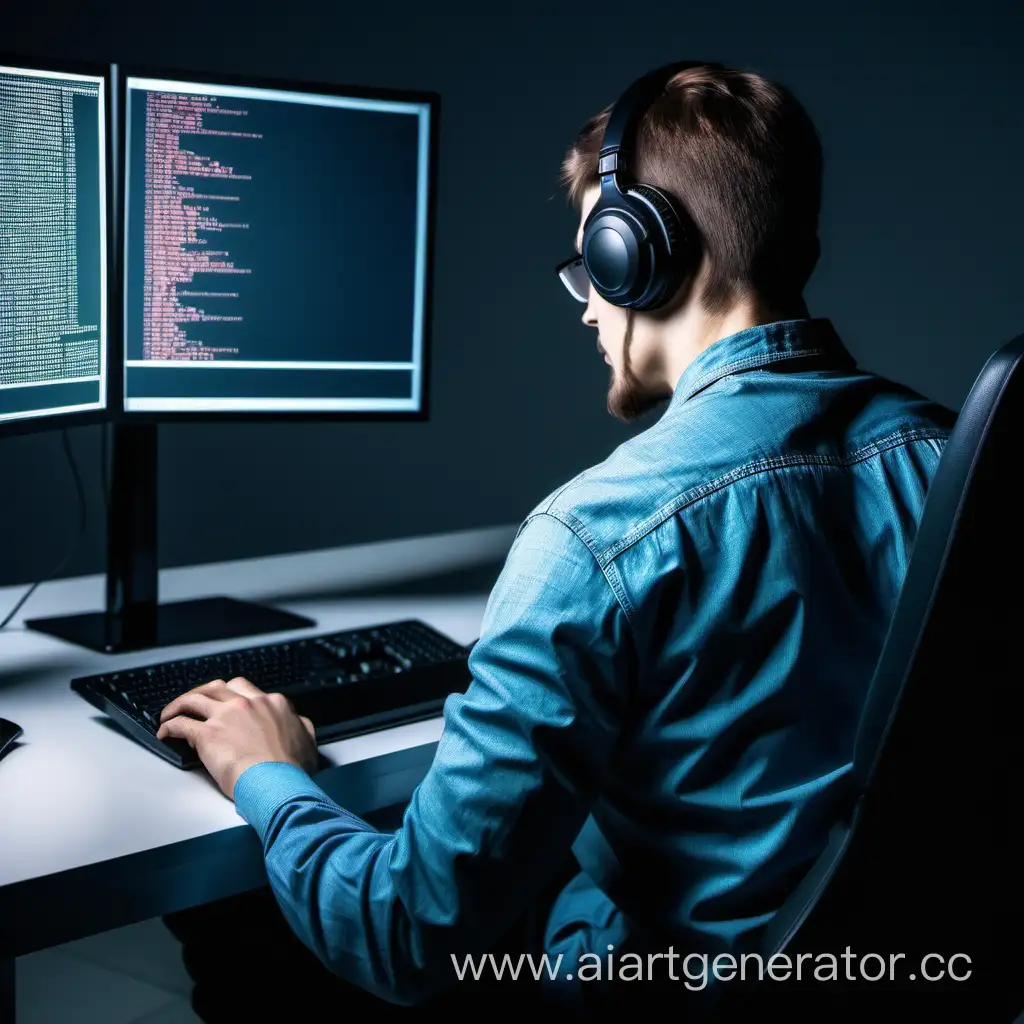 Программист сидит за компьютер со спины  hitech technology пишет код