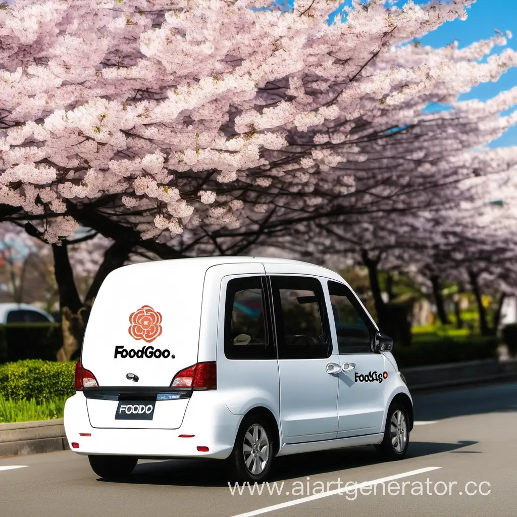 Машина полным планом со стороны с логотипом Foodgo на фоне цветущей сакуры
