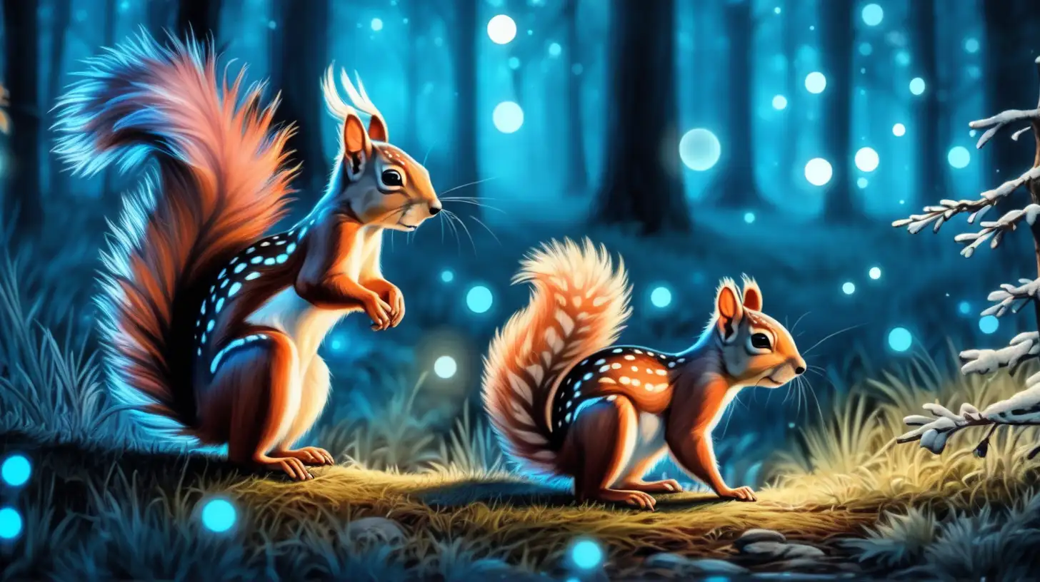 squirrels with deer spots on their bodies, spots glow-blue, in a magical forest,