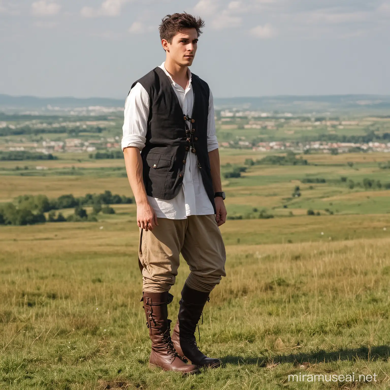 a young man wearing 
Tunic, vest, pants and boots watching long 
distance



