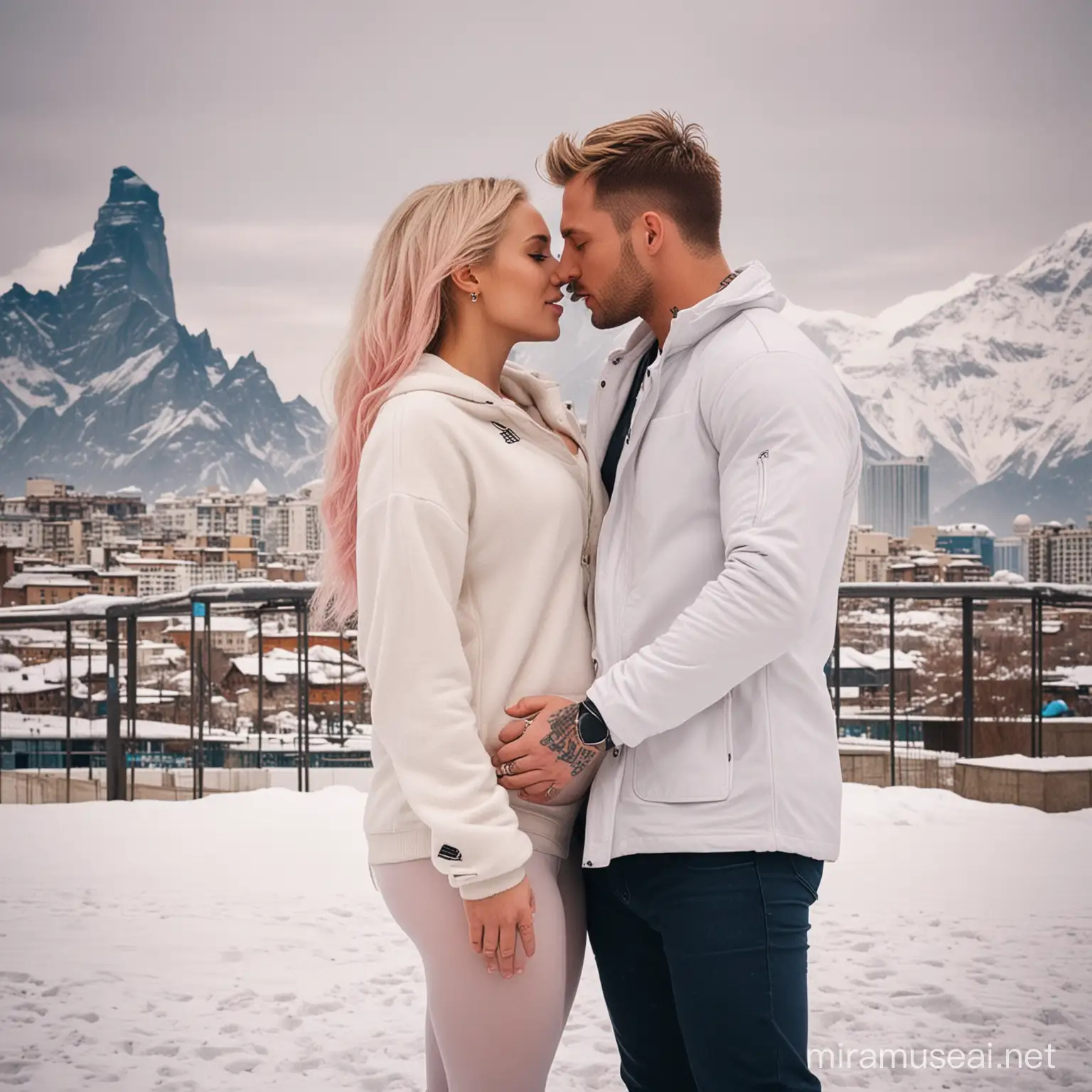 Romantic Winter Skiing Muscular Soccer Player Kissing Blonde Pregnant Wife with Snowy Mountain Backdrop