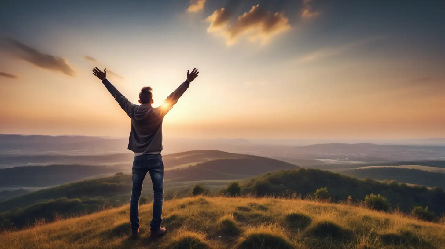a man rejoicing on a hill overlooking the beautiful landscape, background blurred, sunrise in background, space on top of the mans head