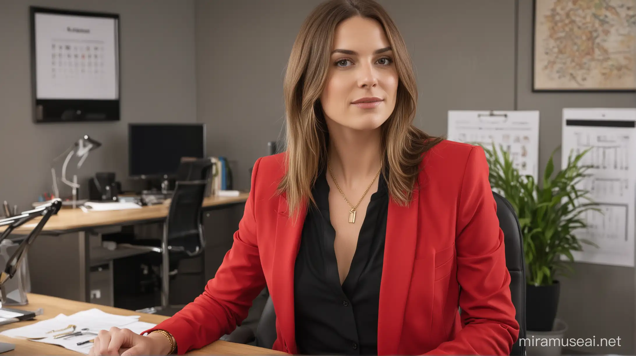 30 year old white female with long brown hair parted to the right seated at a desk in an office background, she is wearing a red blazer, low cut black shirt and black pants. She is also wearing a simple gold necklace.