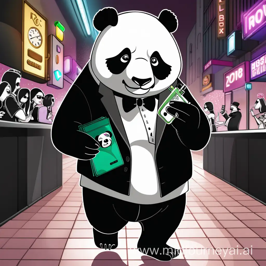 a cartoonized panda going to a nightclub holding a nicotine pouch and wearing a rolex watch