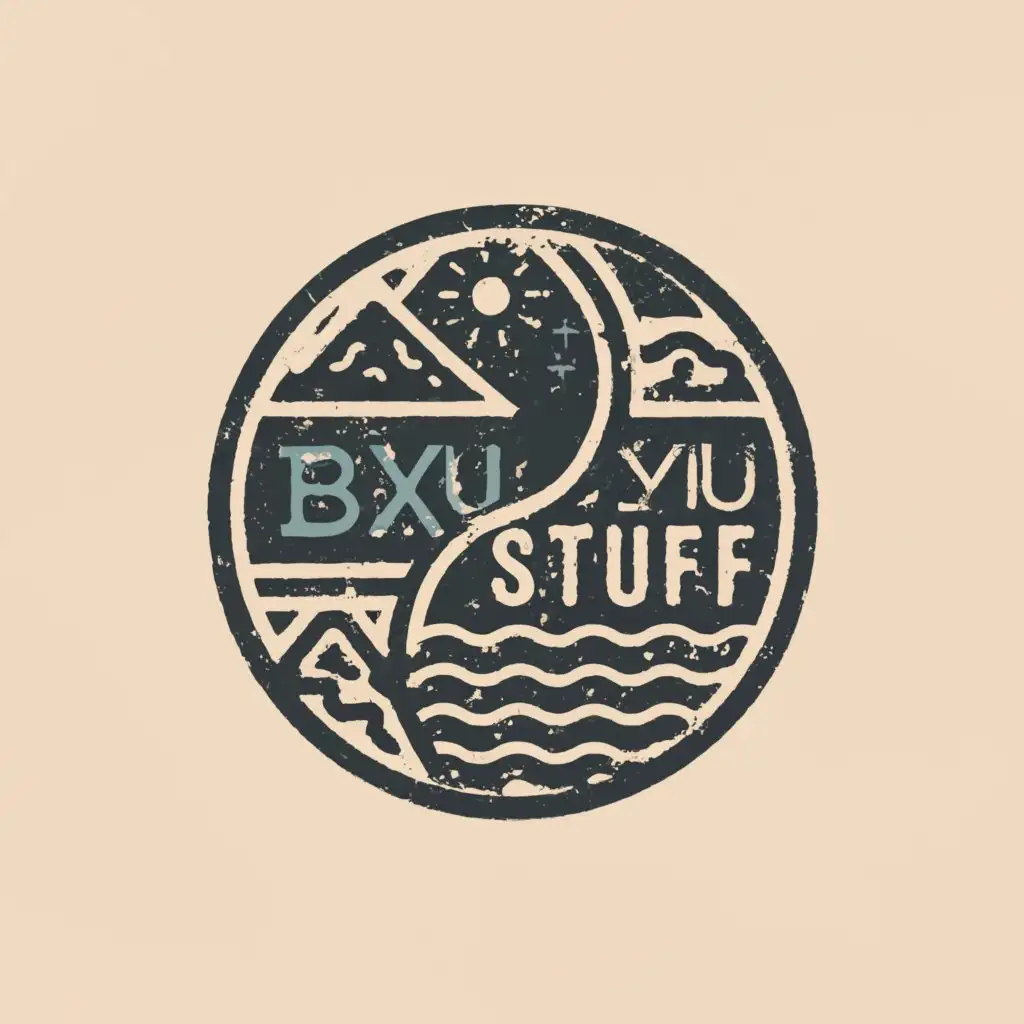 a logo design,with the text "BXU STUFF", main symbol:yinyang design , mountain nature,seas,boat,complex,clear background