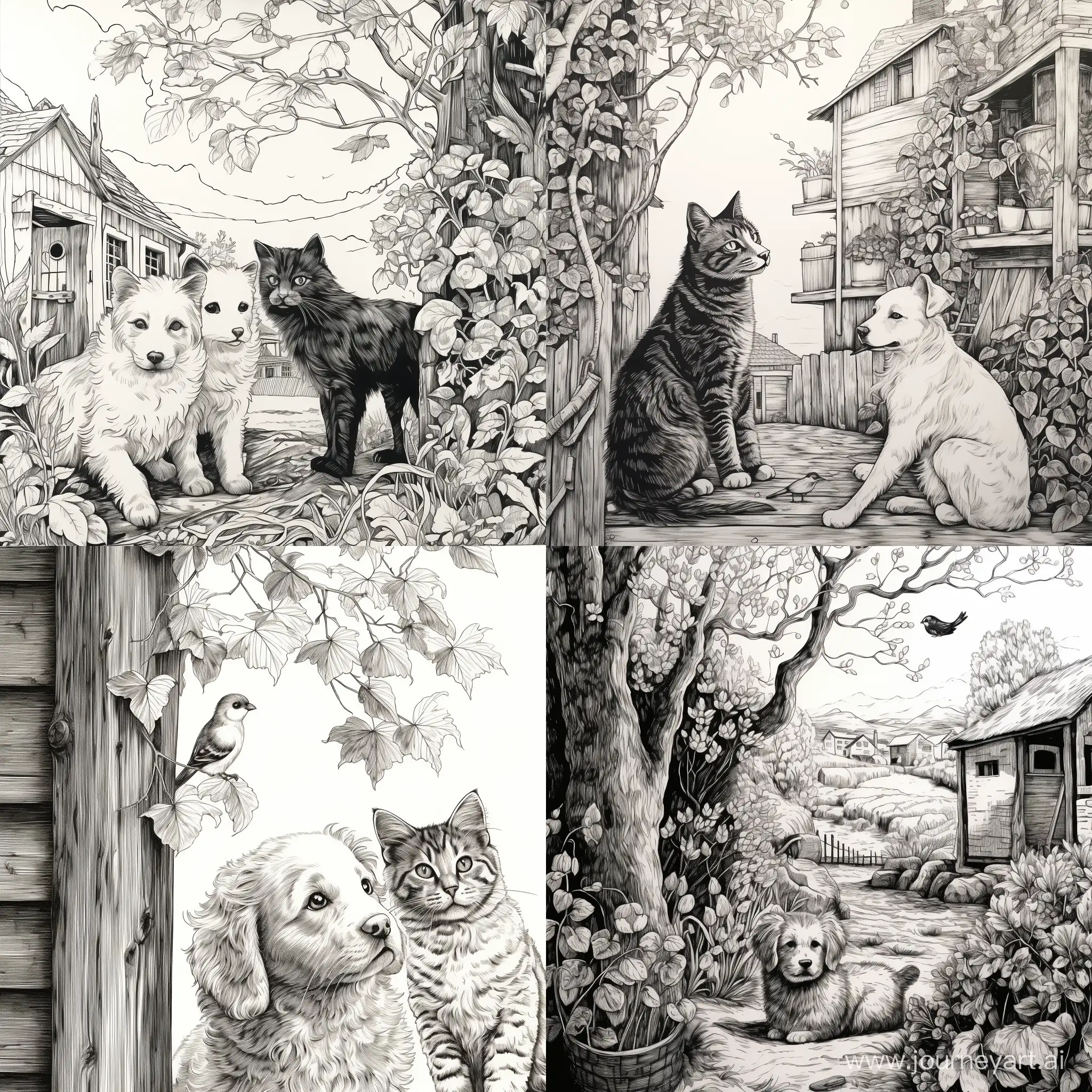 illustration in pen and ink of cat and dog playing outside 
