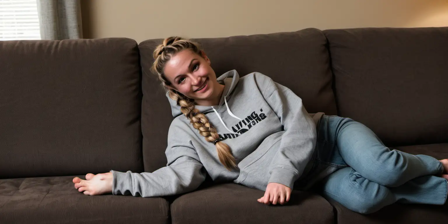 Smiling Woman in Gray Hoodie with Braided Hair Relaxing on Couch