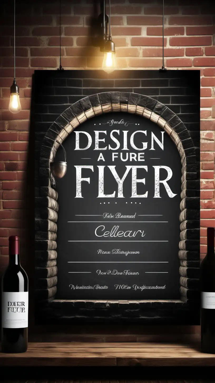 design a flyer, background is an old wine cellar,  front is a blackboard
