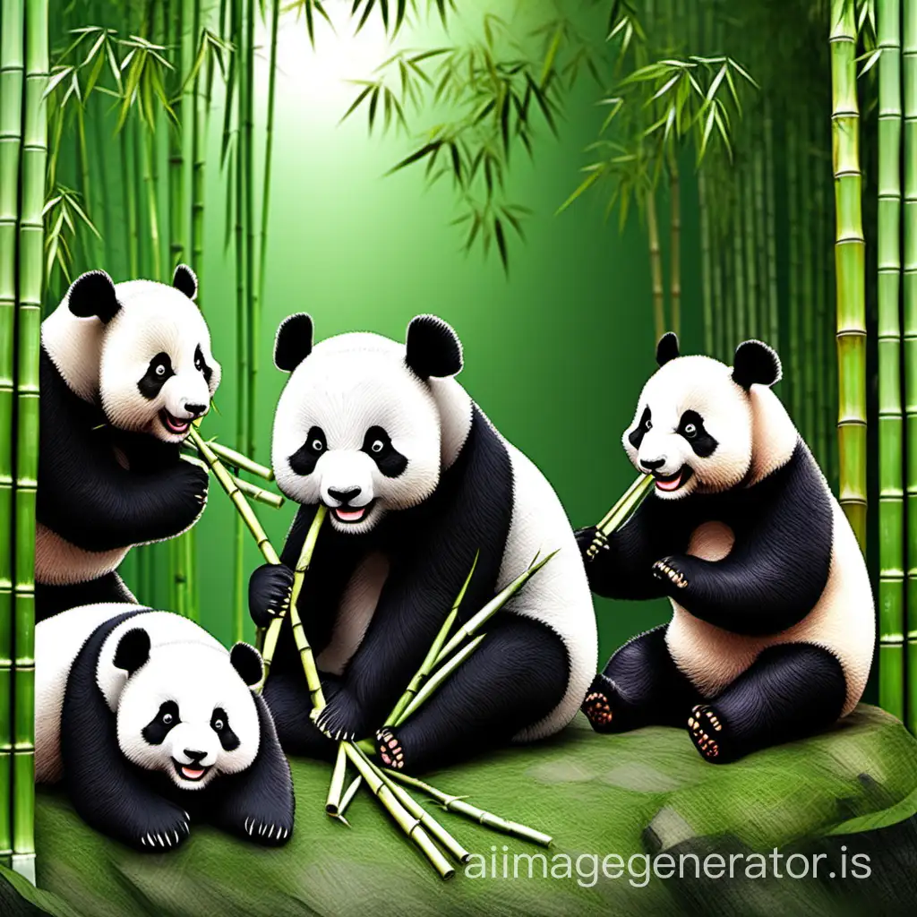 A panda bear eating bamboo with its brothers around bothering it