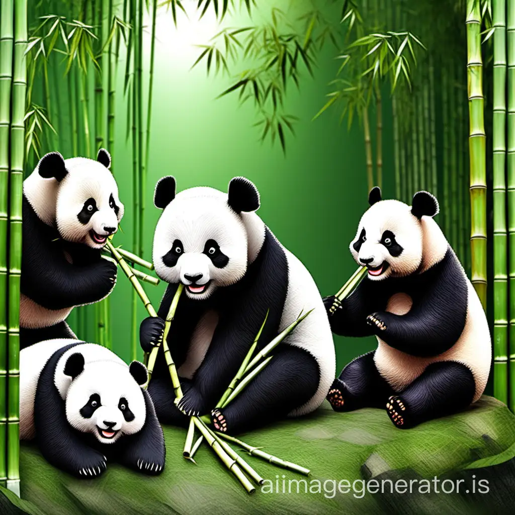 un oso panda comiendo bamboo con sus hermanos alrededor molestandolo