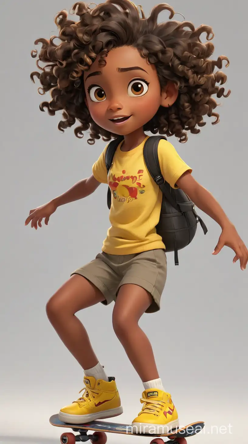 7 years old negro girl 9 multiple pose Cartoon, 3d, Beautiful child, negro, 7 year old negro girl, Disney Pixar style, cartoon,  curly negro short style dark brown hair, small face, yellow color shirt, Red color stylish shorts, yellow shoes, Spanish and negro mix color Light brown color skin, And the character is skating in the air on a skateboard with a Skating helmet, 9 different viewed from different angles, realistic, AI, 3d, HD, 100% White background